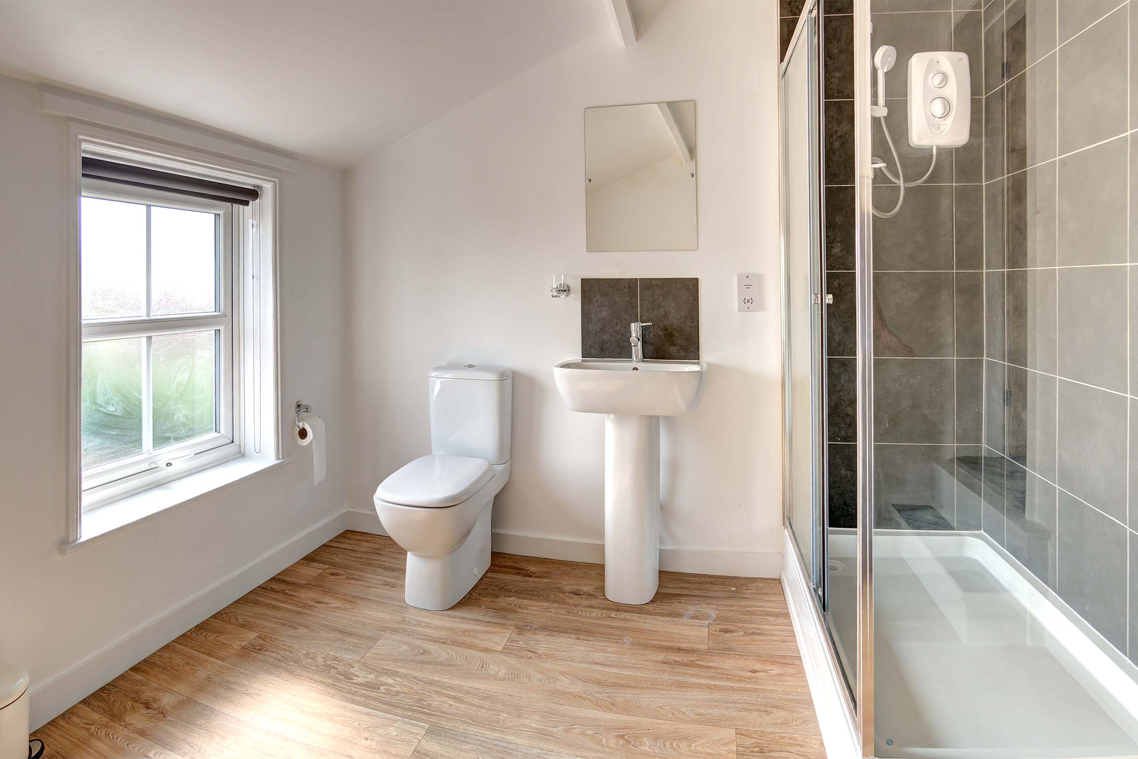 Large bathroom with walk in shower, a white toilet and sink with a lino floor.