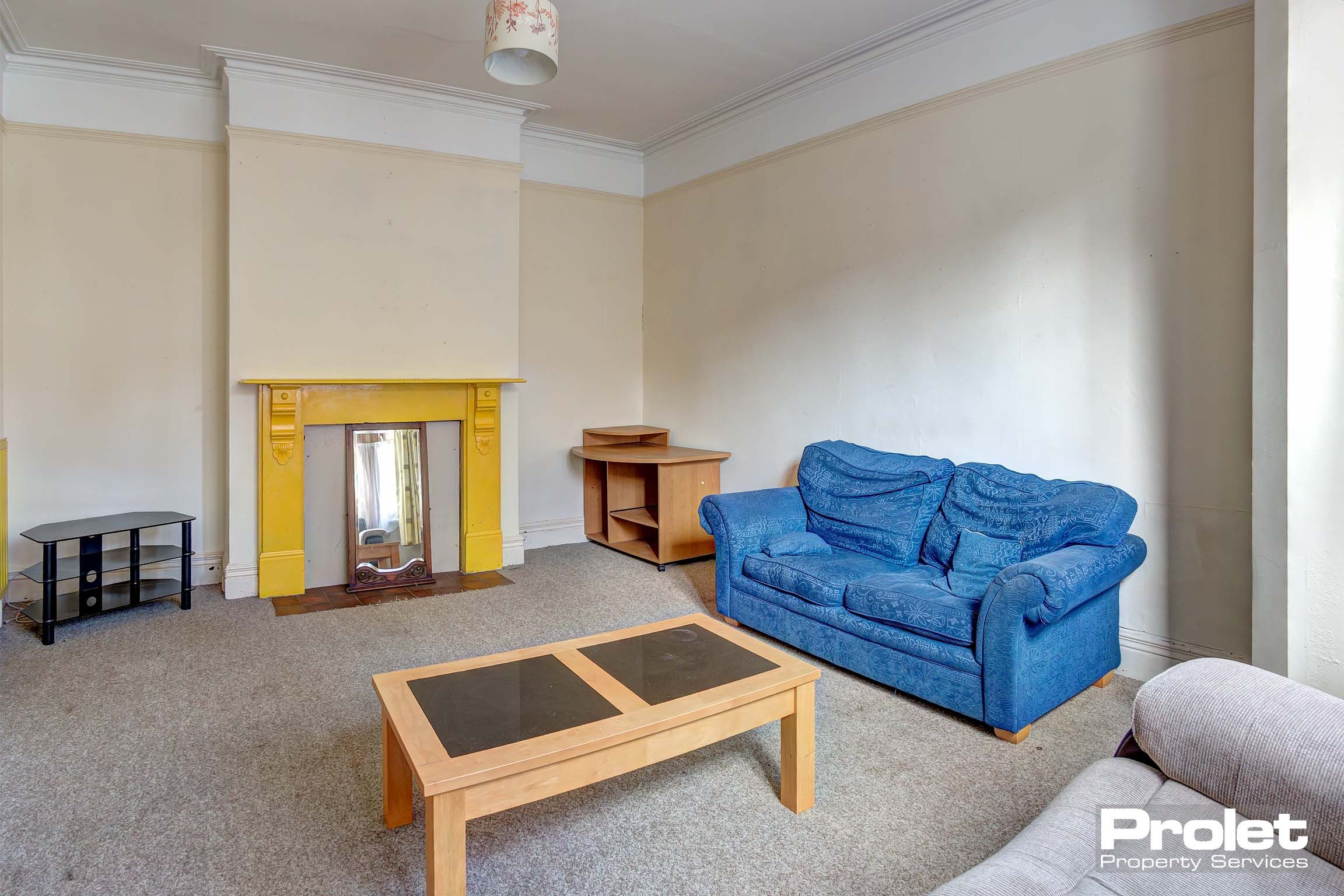 Large living room with sofas, coffee table, and fireplace