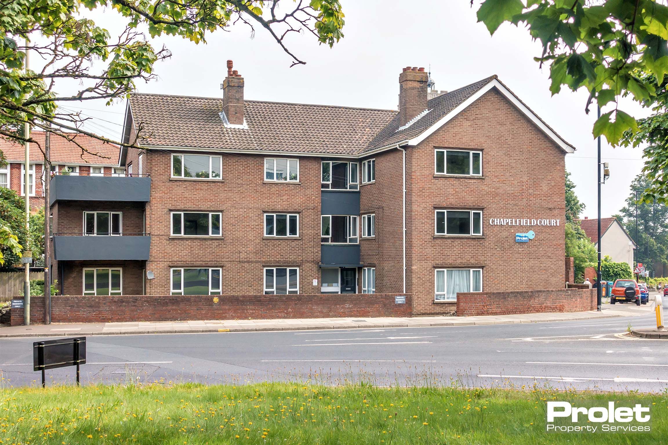 Block of flats located at the top of Grapes Hill