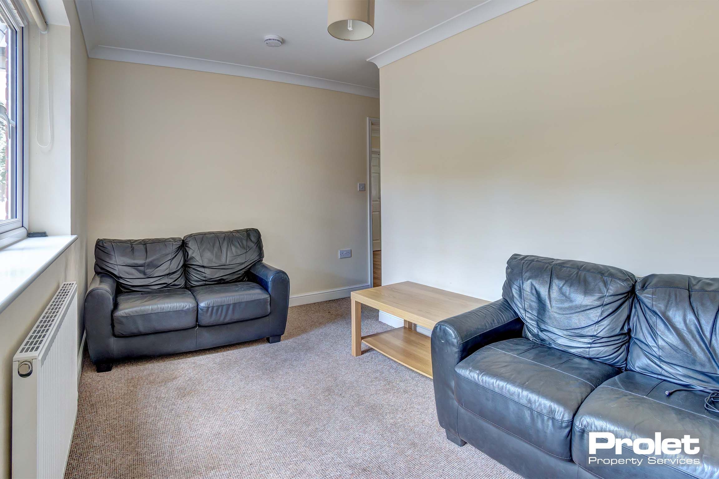 Living room with black sofas