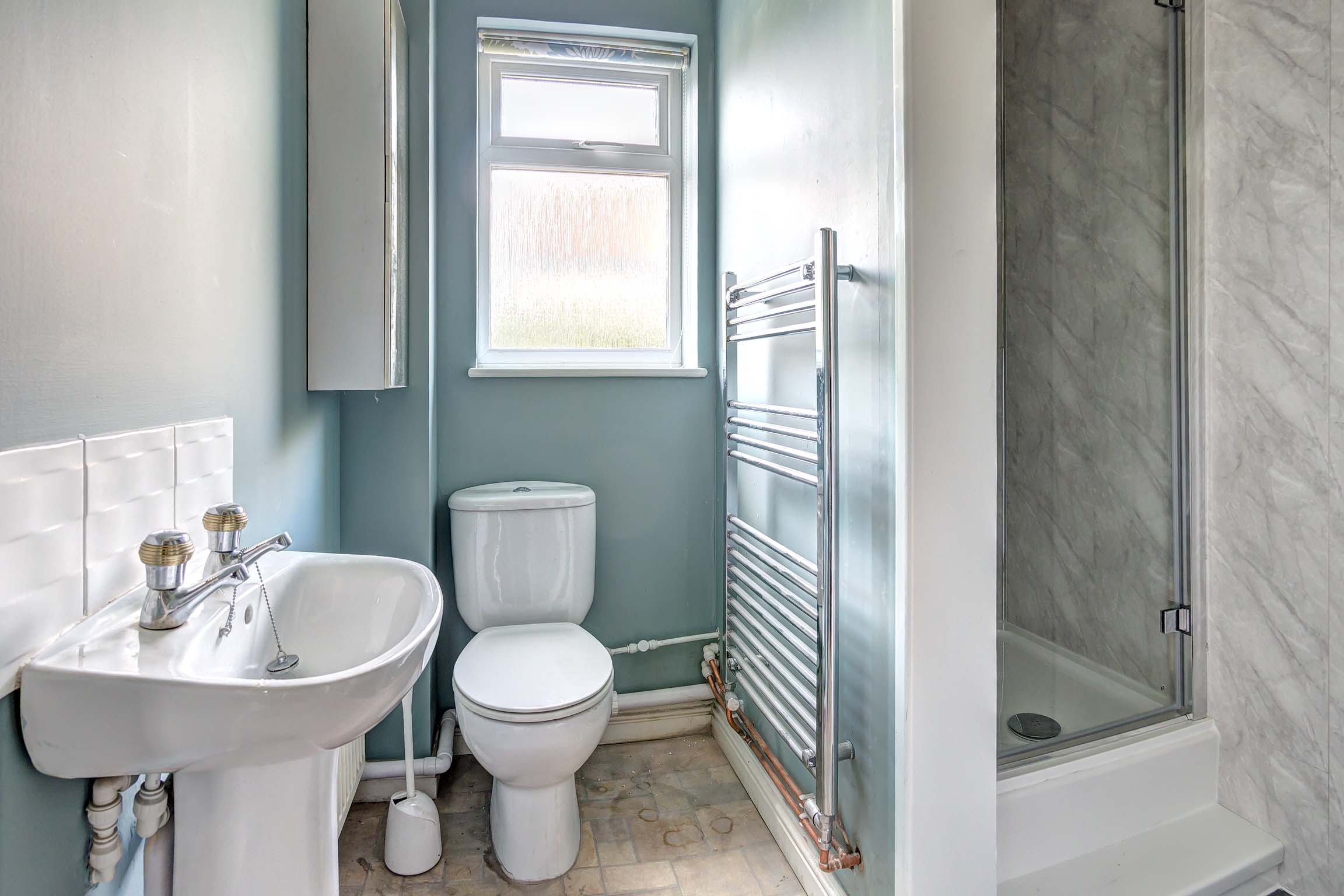 Walk in shower with toilet and sink. Blue painted walls.