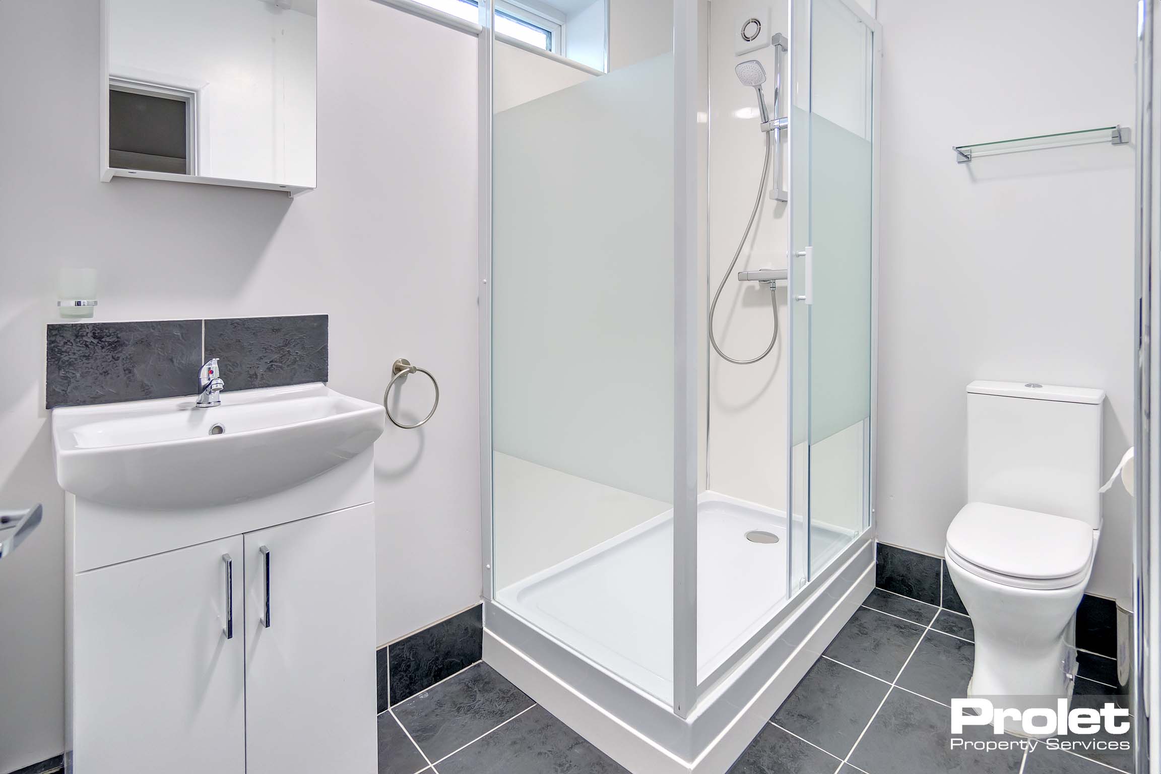 Dark grey floor tiles with white walls. Shower cubicle with stainless steel shower.